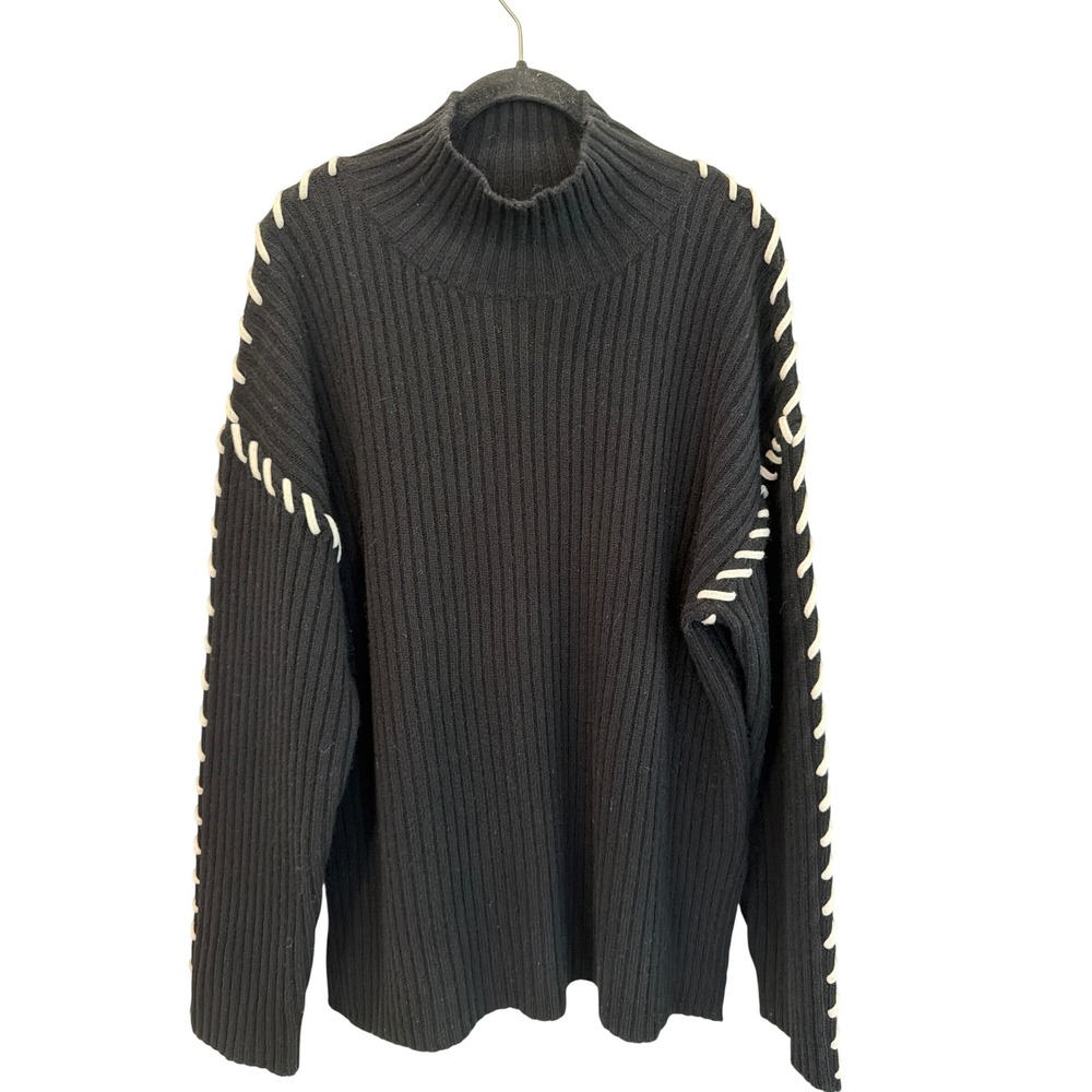 Rails Liam Black Ribbed Merino Wool Cashmere Whipstitch Mock Neck Sweater Size M